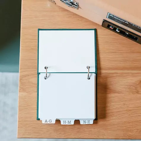 alphabetical tabs inside small address book.
