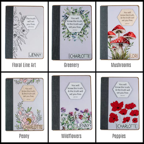 Christian graduation gift - front cover options with feminine look; clockwise: floral line art, green wreath, cottagecore mushrooms, pink peony, purple wildflowers and red poppies.