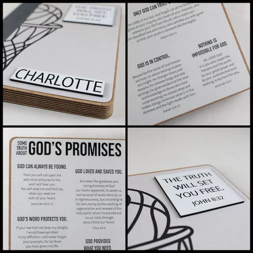 Clockwise: basketball style Bible verse book with closeup of laser-engraved nameplate; text and Bible verses about God's promises; close up of John 8:32, The truth will set you free - laser engraved on white acrylic with black text.