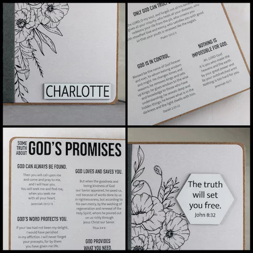 Clockwise: Close up of personalized nameplate laser-engraved on white acrylic with black text; close ups of inside page with text and Bible verses related to God's promises; close up of front cover title, John 8:32 - The truth will set you free.