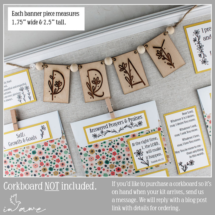 Daisy Prayer Board Kit with banner dimensions and info about ordering a cork board or bulletin board.