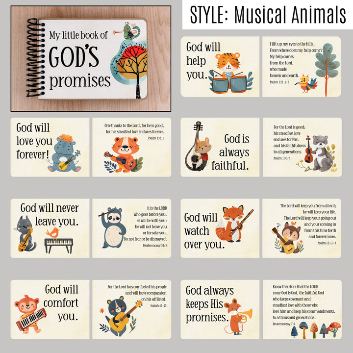 7 promises of God with scripture for children and animals playing musical instruments.