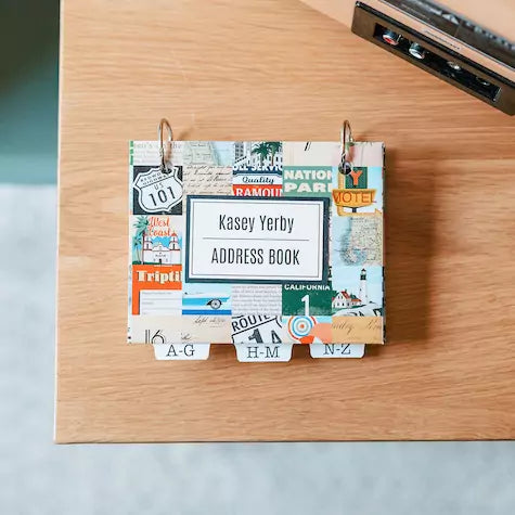personalized address book with road trip mulit-colored cover.