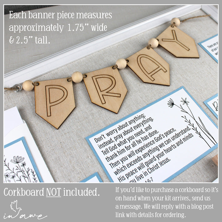 This blue prayer board features a laser-engraved PRAY banner for your prayer closet.