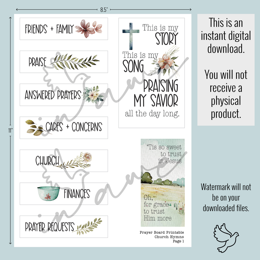 DIY Christian Craft: prayer board with variety of categories and church hymn lyrics.