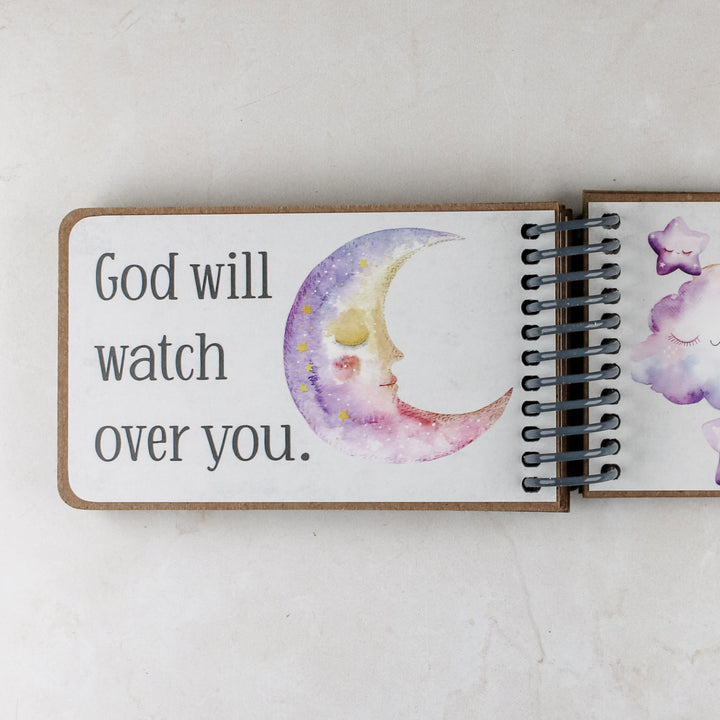 Personalized baby girl gift with princess graphics in purple hues, 7 promises of God with scripture for children inside.