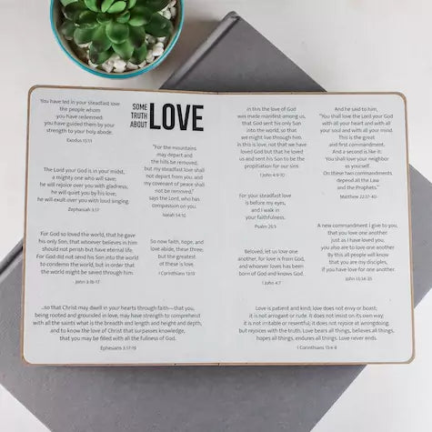 Bible verses about love included on a page spread in our Bible Verse Books.
