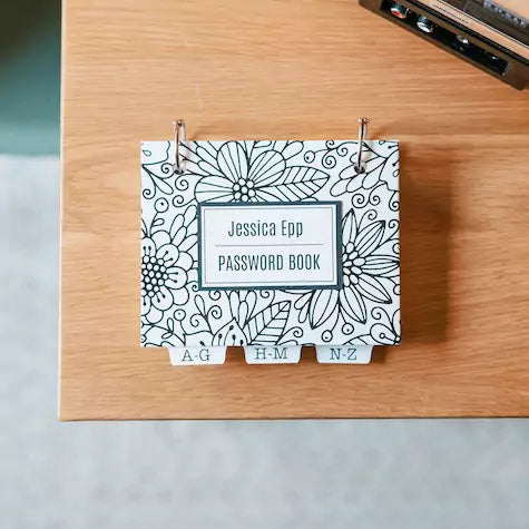 best password book with tabs - black and white doodle design with personalized front cover.