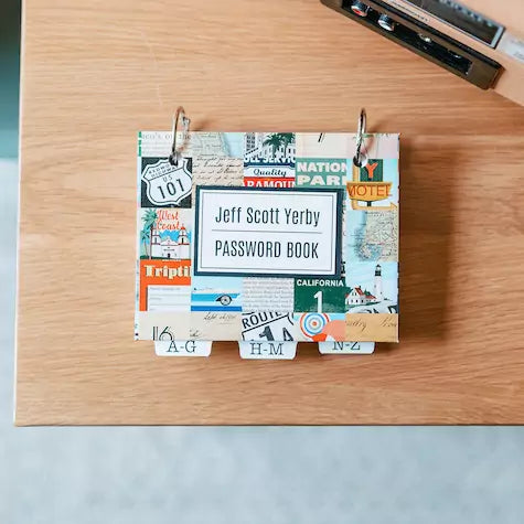 password book organizer with tabs in road trip pattern.