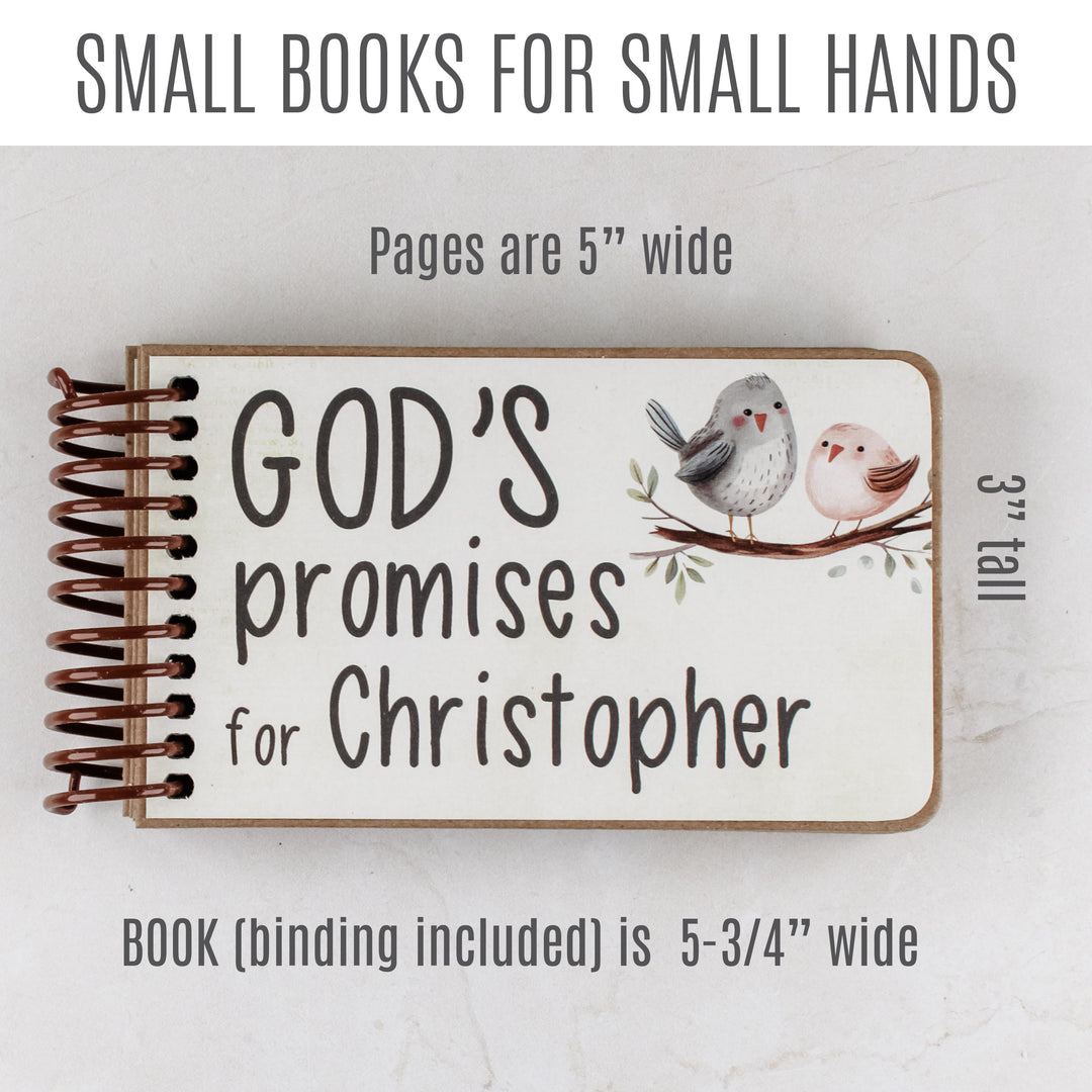 Personalized baby gift - 7 promises of God with Bible verses for kids. 3" tall and 5" wide with 3/4" coil binding.