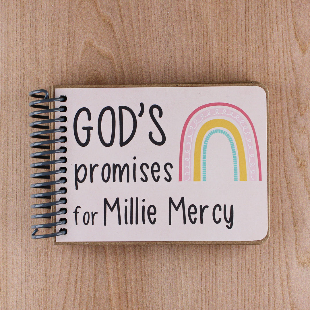 Pink Rainbow God's Promise book with Bible verses - perfect personalized baby girl gift.