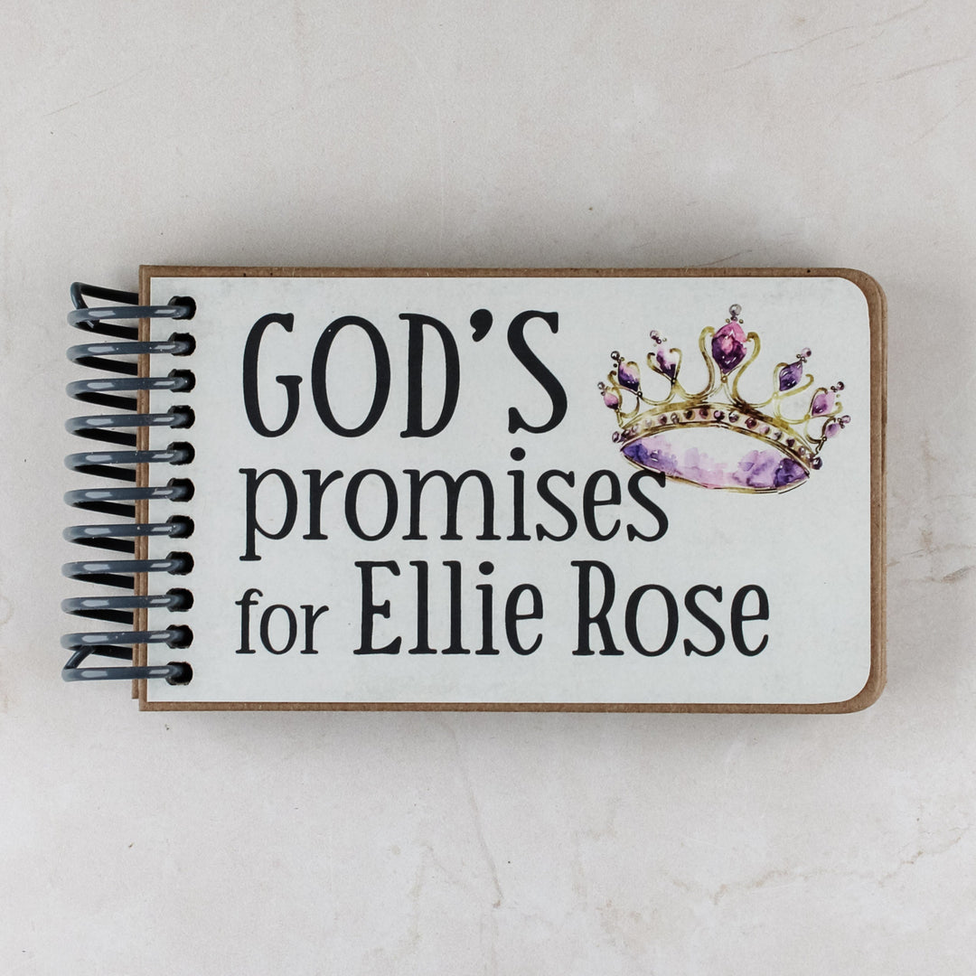 Personalized baby girl gift with princess graphics in purple hues, 7 promises of God with scripture for children inside.