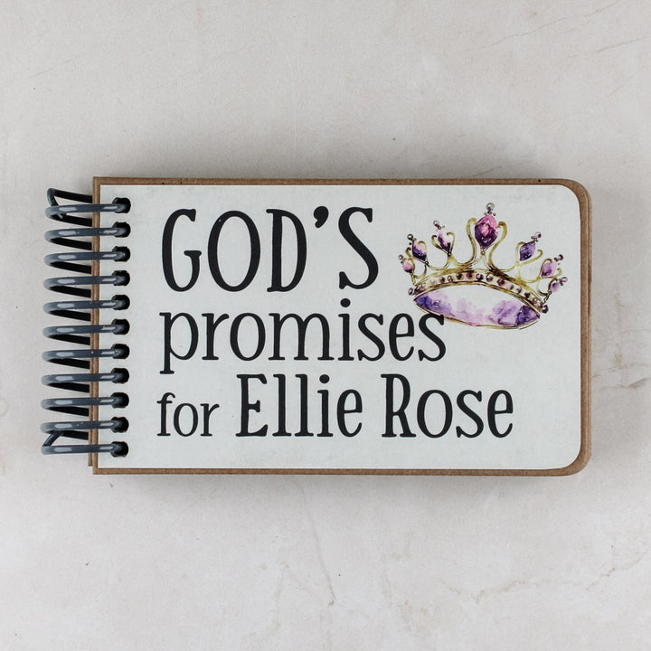 Personalized baby girl gift with princess graphics in purple hues, 7 promises of God with scripture for children inside.