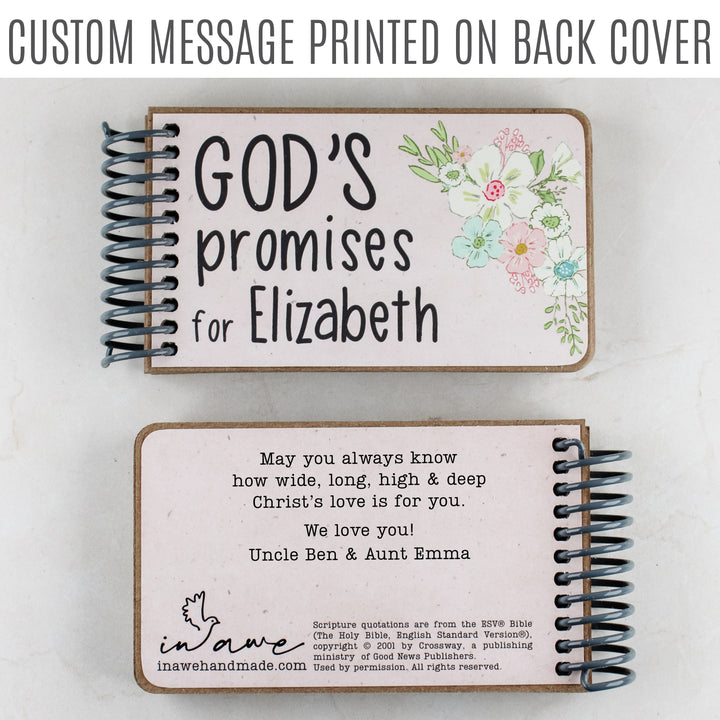 pink book includes 7 of gods promises with Bible verses for children - personalized front cover and printed custom message on back cover.