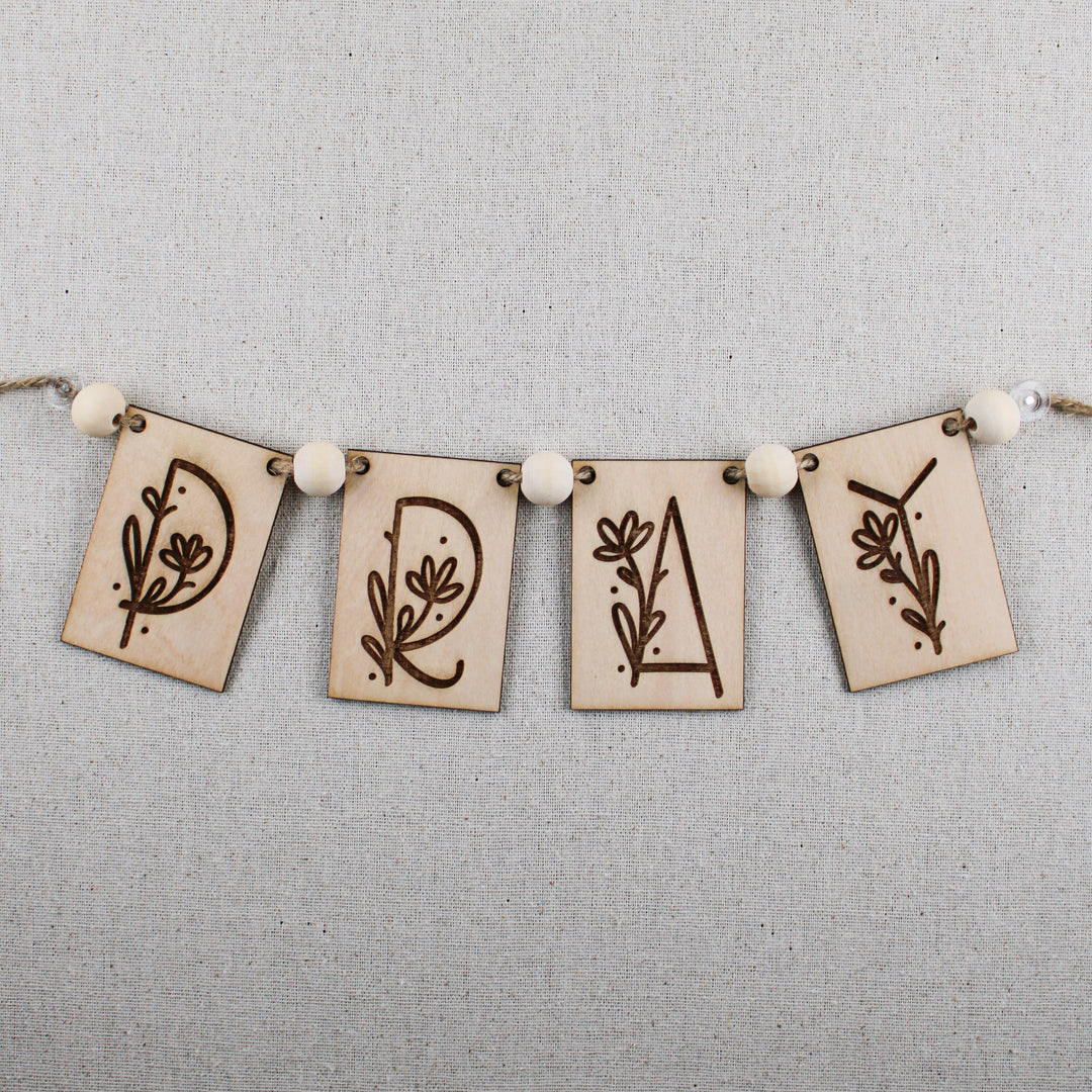 PRAY banner for prayer board with wood beads and jute string in a daisy floral style.