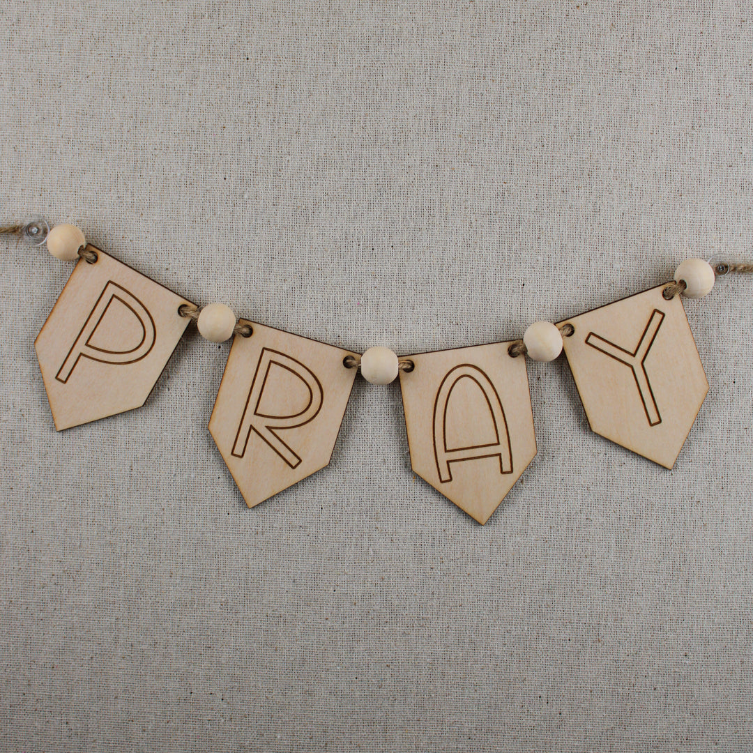 PRAY wooden banner kit with wood beads and jute string for prayer boards or prayer closet.