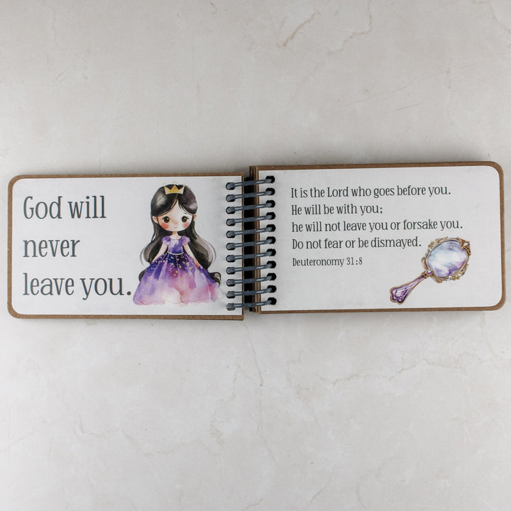 Personalized baby girl gift with princess graphics in purple hues, 7 promises of God with scripture for children inside.