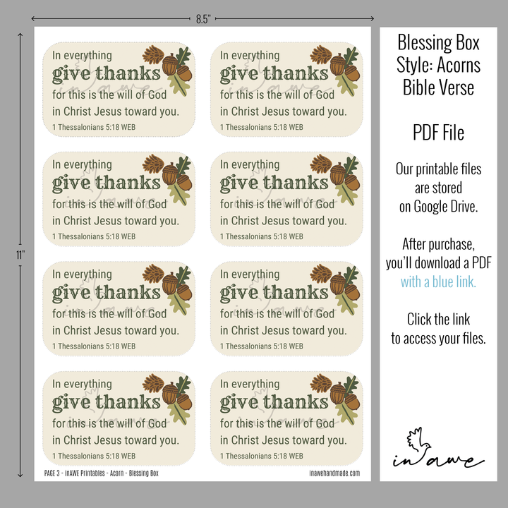 Printable Thanksgiving Craft Kit - Blessing Box with Acorns and Pinecones - inAWE Handmade Gifts, Personalized Gifts, Spiritual Gifts