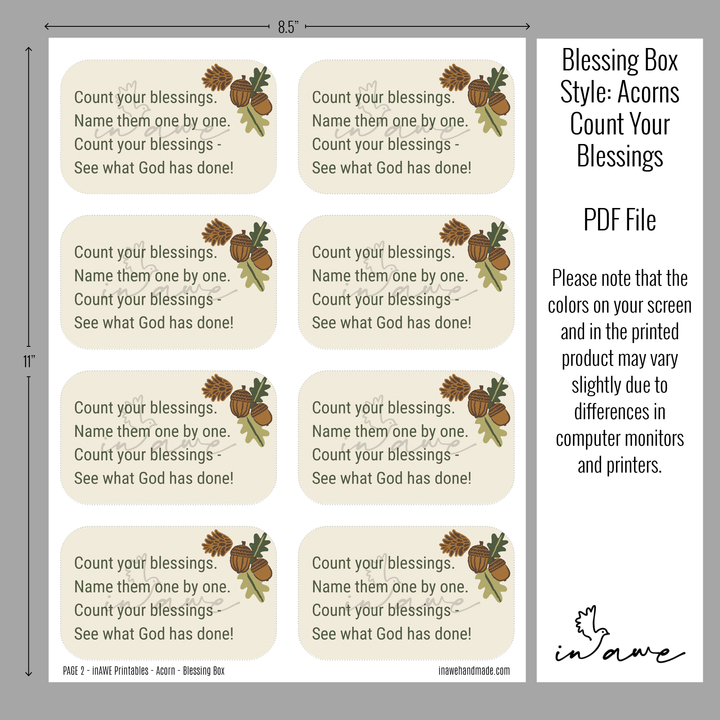 Printable Thanksgiving Craft Kit - Blessing Box with Acorns and Pinecones - inAWE Handmade Gifts, Personalized Gifts, Spiritual Gifts