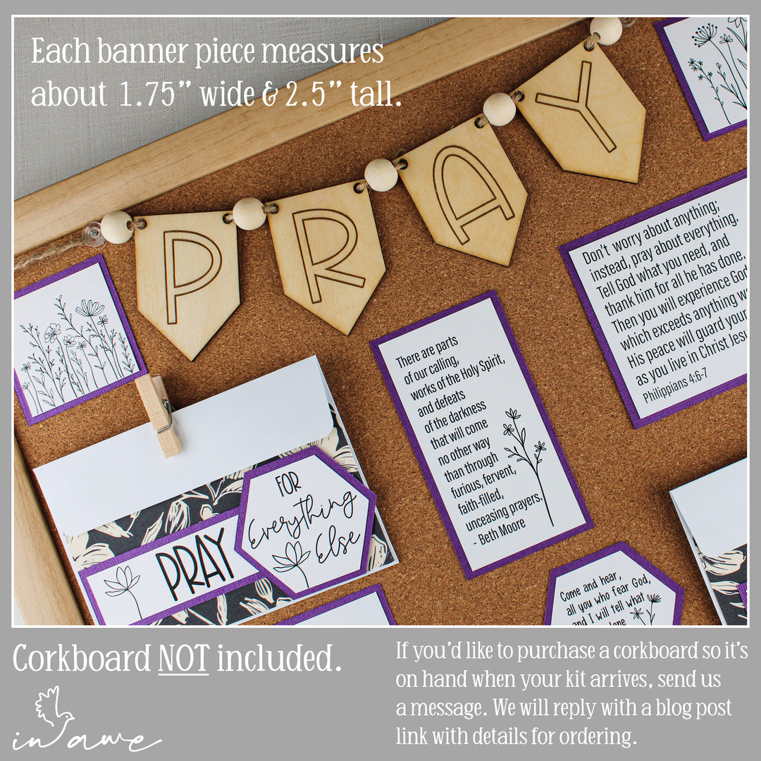 Our prayer board kits include a laser-engraved wood banner with wood beads and jute string for your prayer room at home.