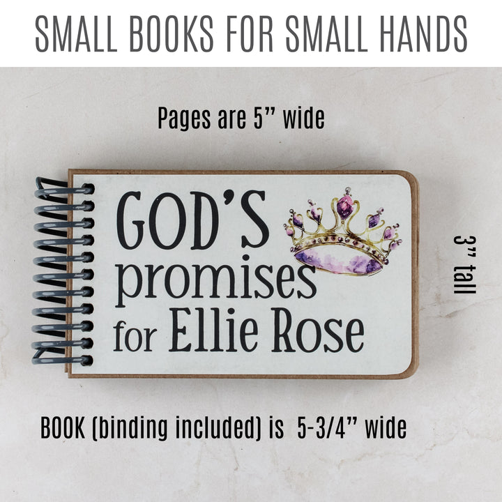 Personalized baby girl gift with princess graphics in purple hues, 7 promises of God with scripture for children inside.