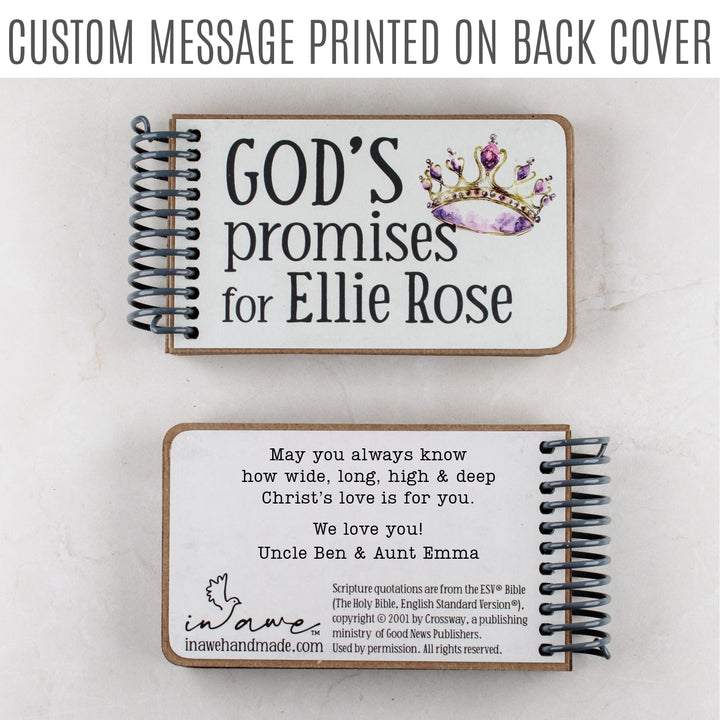 Personalized baby girl gift with princess graphics in purple hues, 7 promises of God with scripture for children inside. Child's name on front cover and personal message printed on back cover.