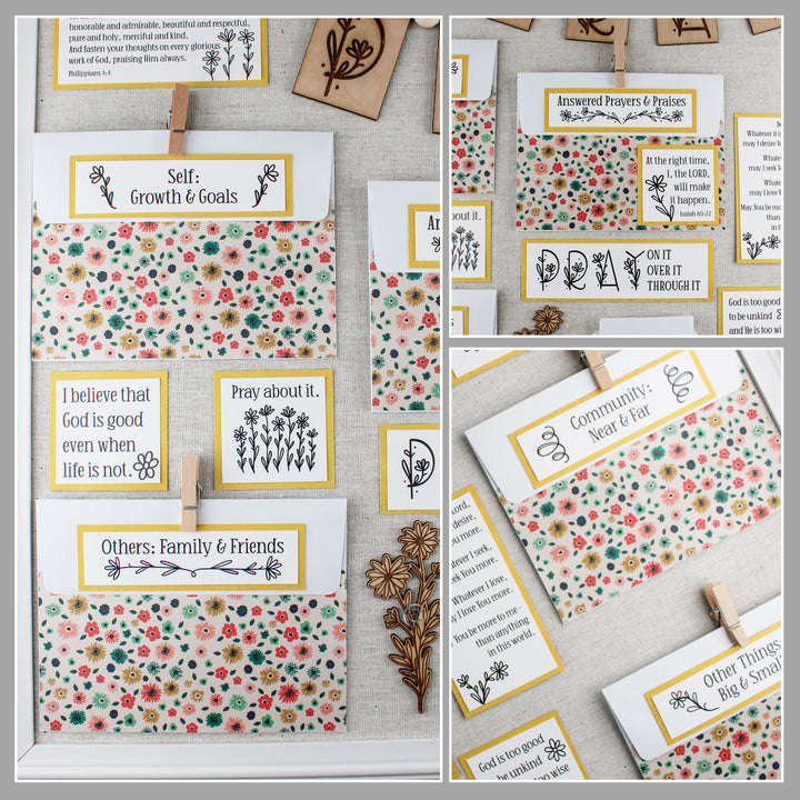 Collage of prayer board kit with floral-patterned envelope covers and yellow accents.
