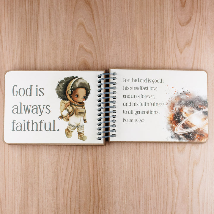 God is always faithful along with Bible verse Psalm 100:5. Girl astronaut and galaxy graphics. Great space gifts for kids.