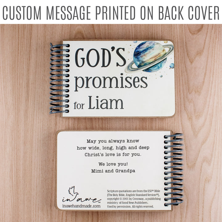 Space gift for kids with their name on the front cover and a custom message printed on the back cover.