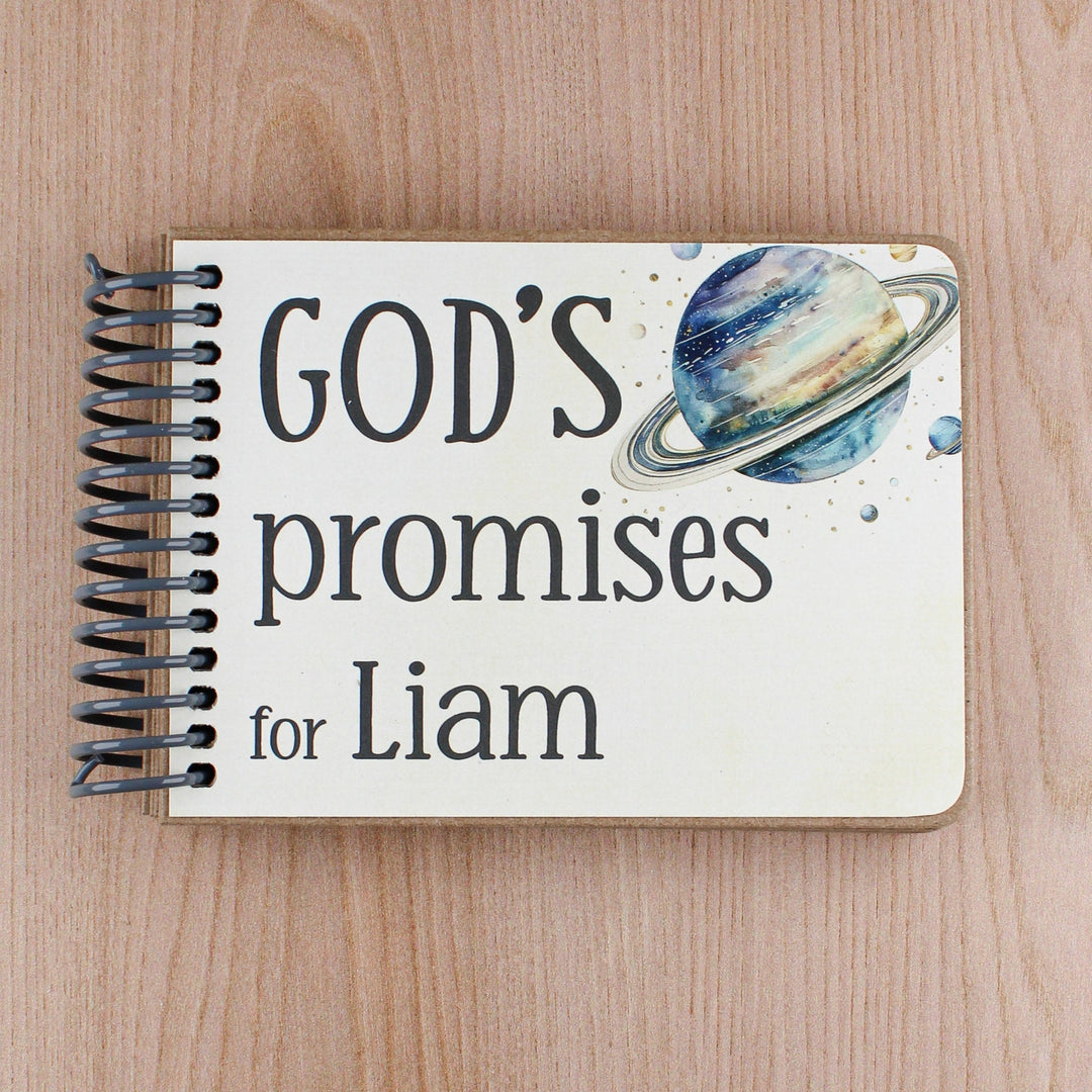 God's promises book with Bible verses for kids - space explorer style with personalization.