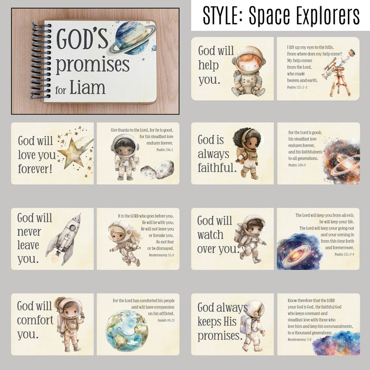 7 promises of God with Bible verses for children to memorize. Kid-friendly, space explorer graphics on each page.