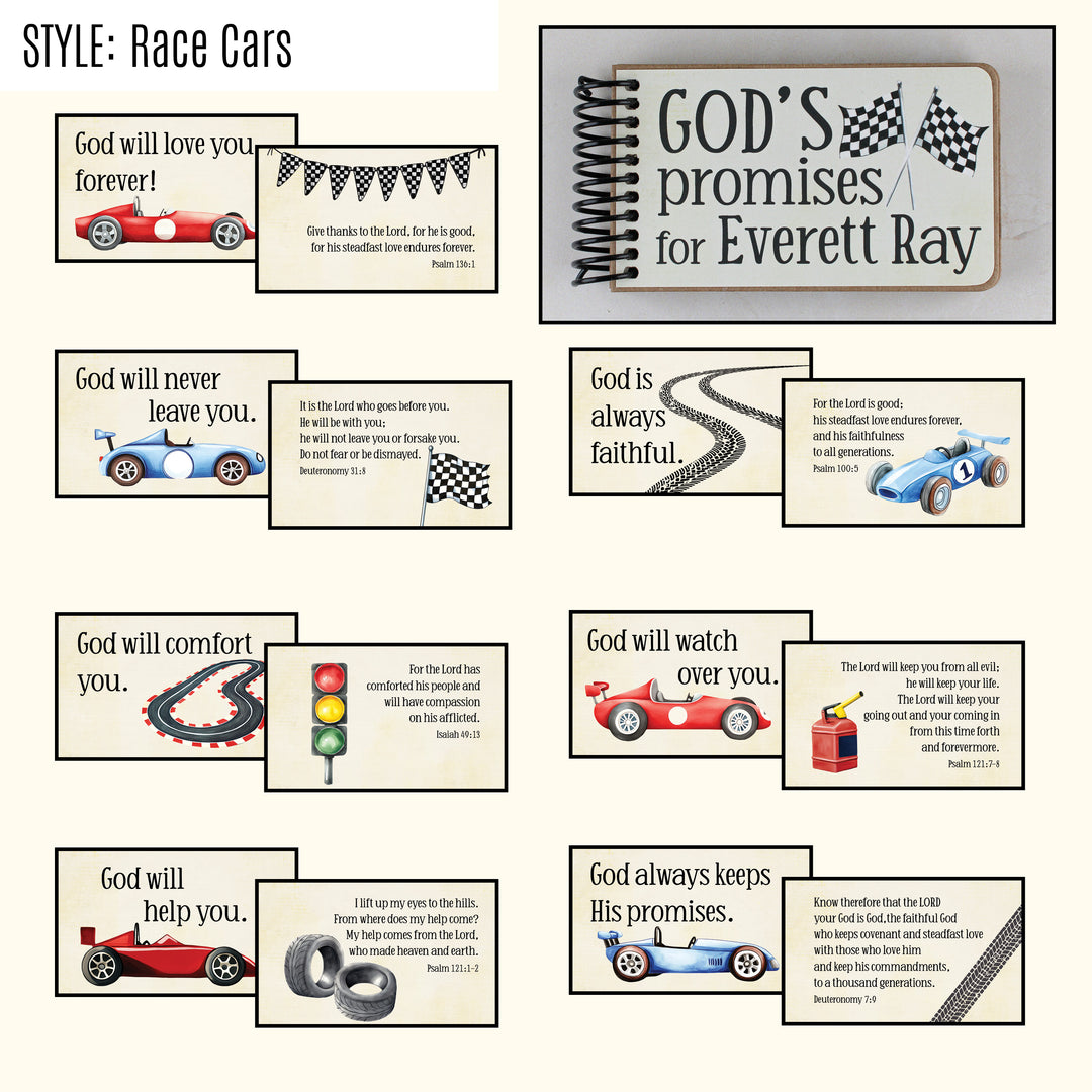 God's Promises personalized book with Bible verses for kids - race cars theme