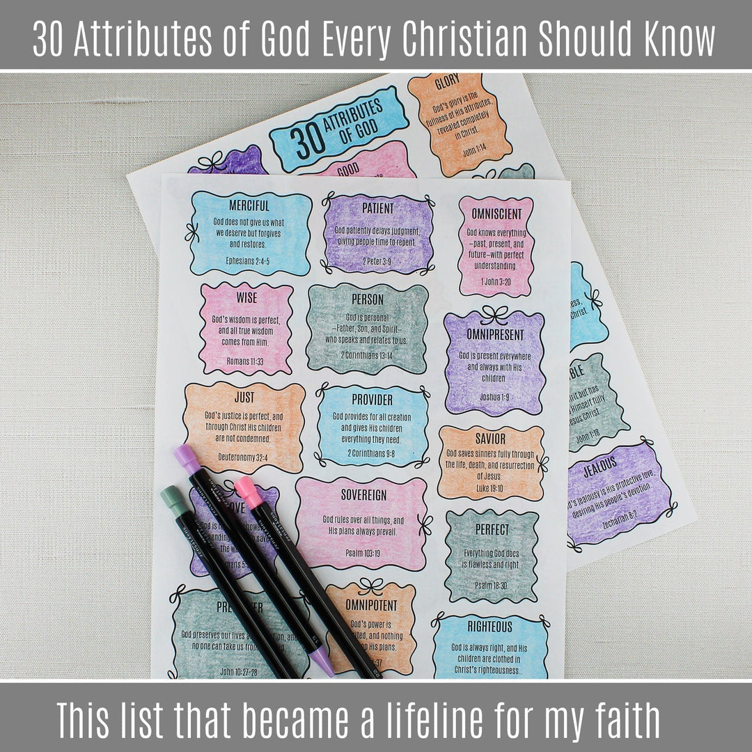 Attributes of God free pdf colored in pastel colors. Text says '30 Attributes of God Every Christian Should Know | The list that became a lifeline for my faith'