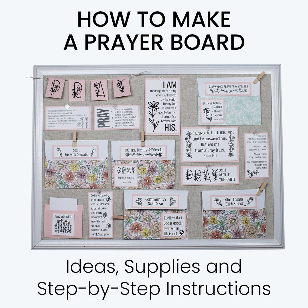 How to make a prayer board guide with a finished DIY prayer board featuring envelopes, Scripture and prayer categories.