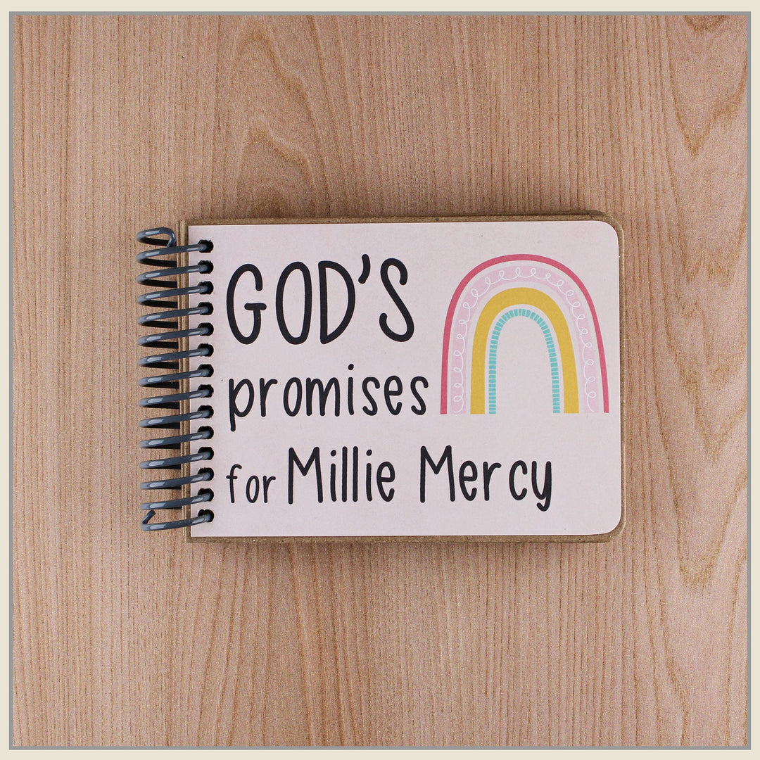 4x6 Pink Rainbow God’s Promises book for baby dedication gifts.