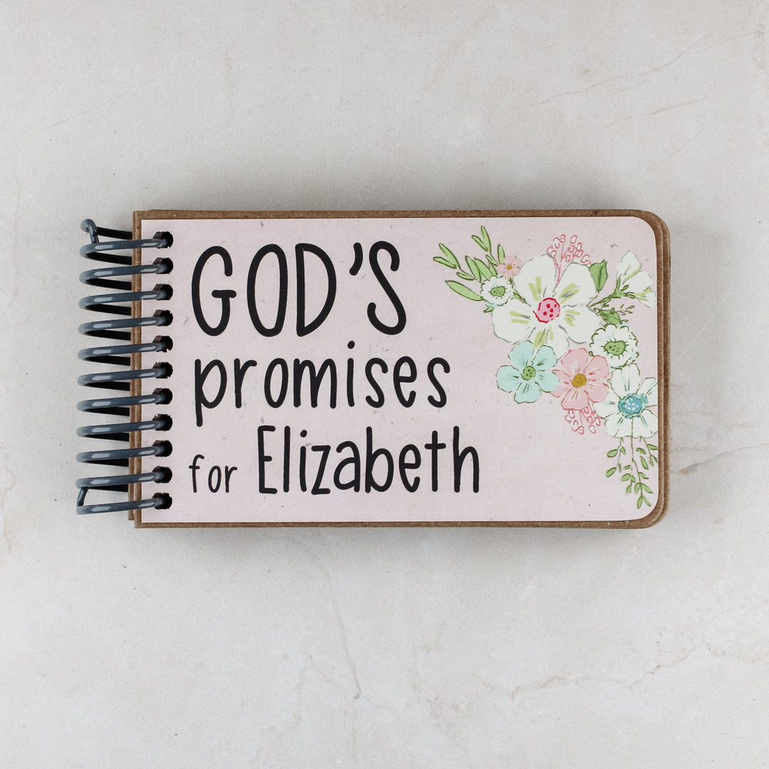 Pale pink background and sweet florals in pink, blue and green with gray coil binding. Cover says 'GOD'S promises for Elizabeth'.