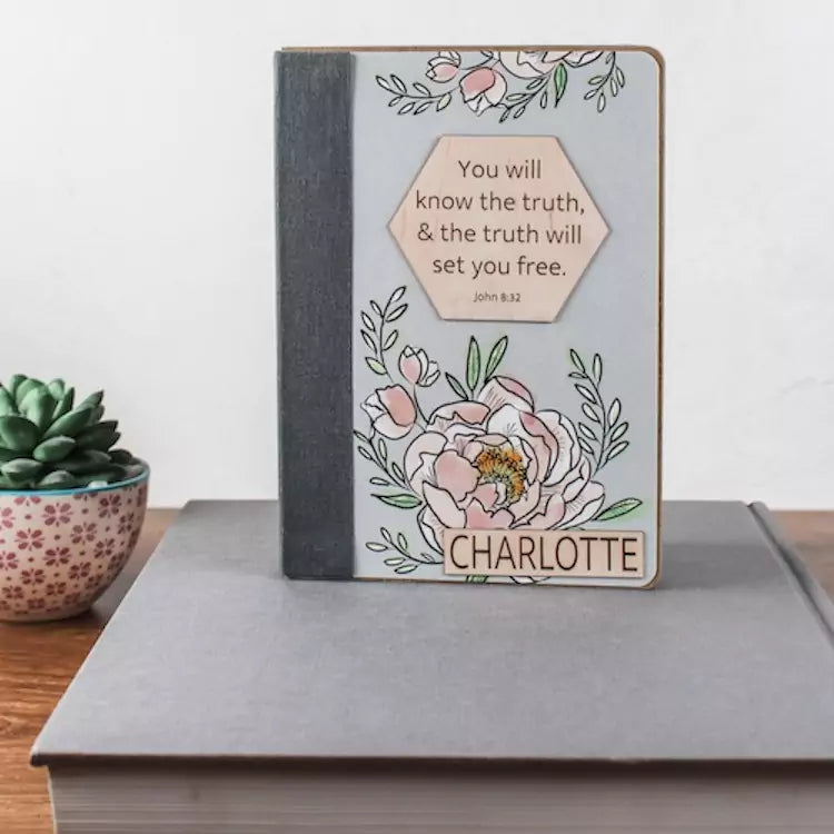 Christian graduation gift - personalized Bible verse book with pink peonies 