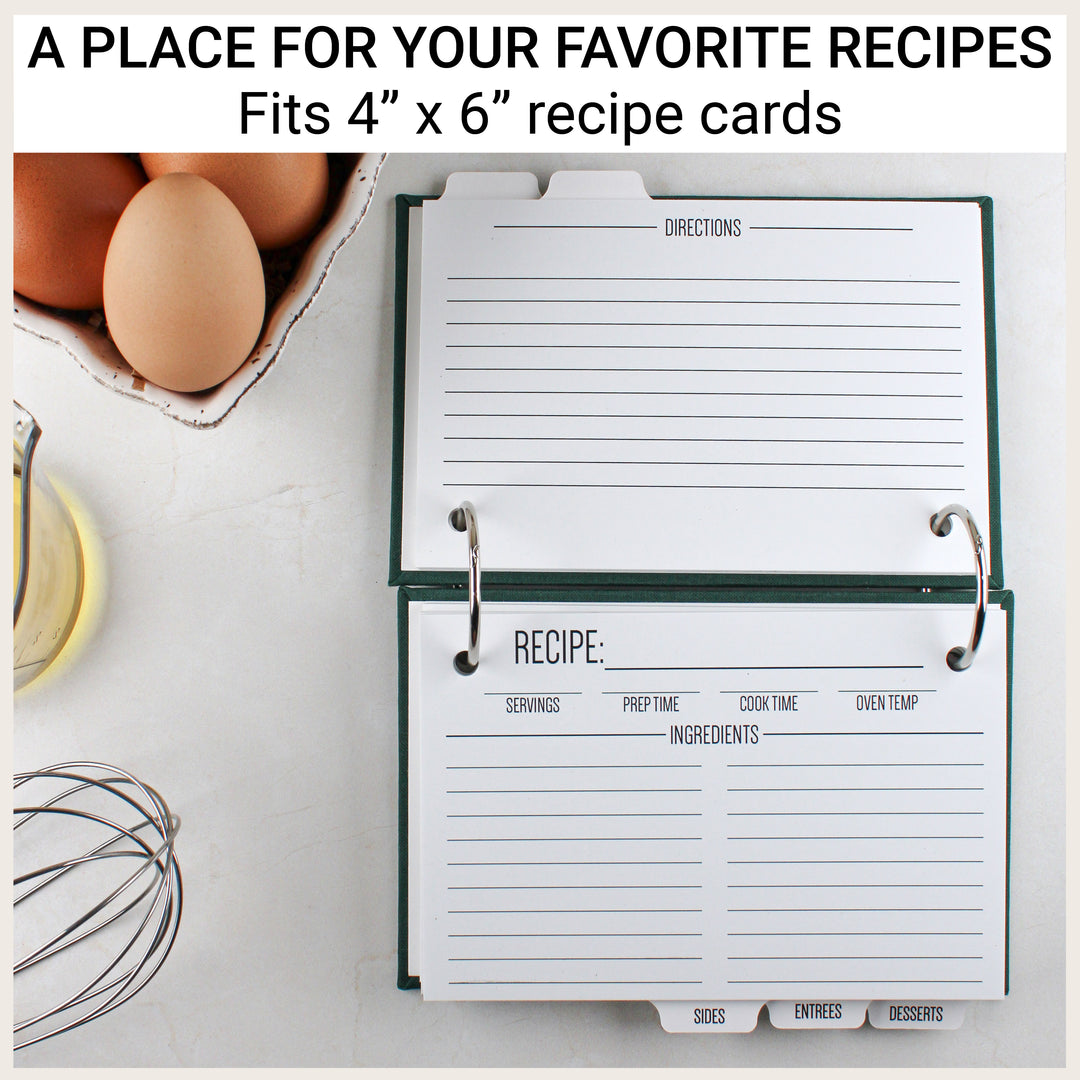 Open recipe binder showing both sides of blank 4-by-6-inch recipe cards and recipe category dividers.