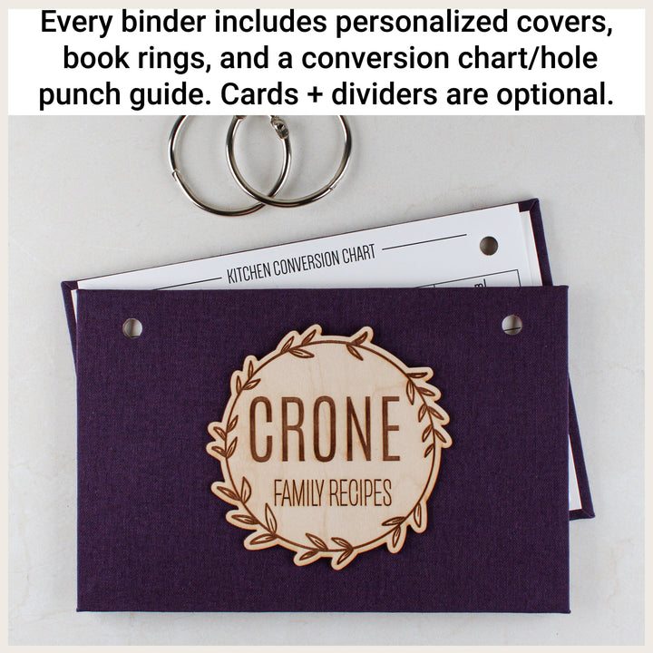 Plum recipe binder covers, book rings and conversion chart included with every binder; recipe cards and dividers are optional.