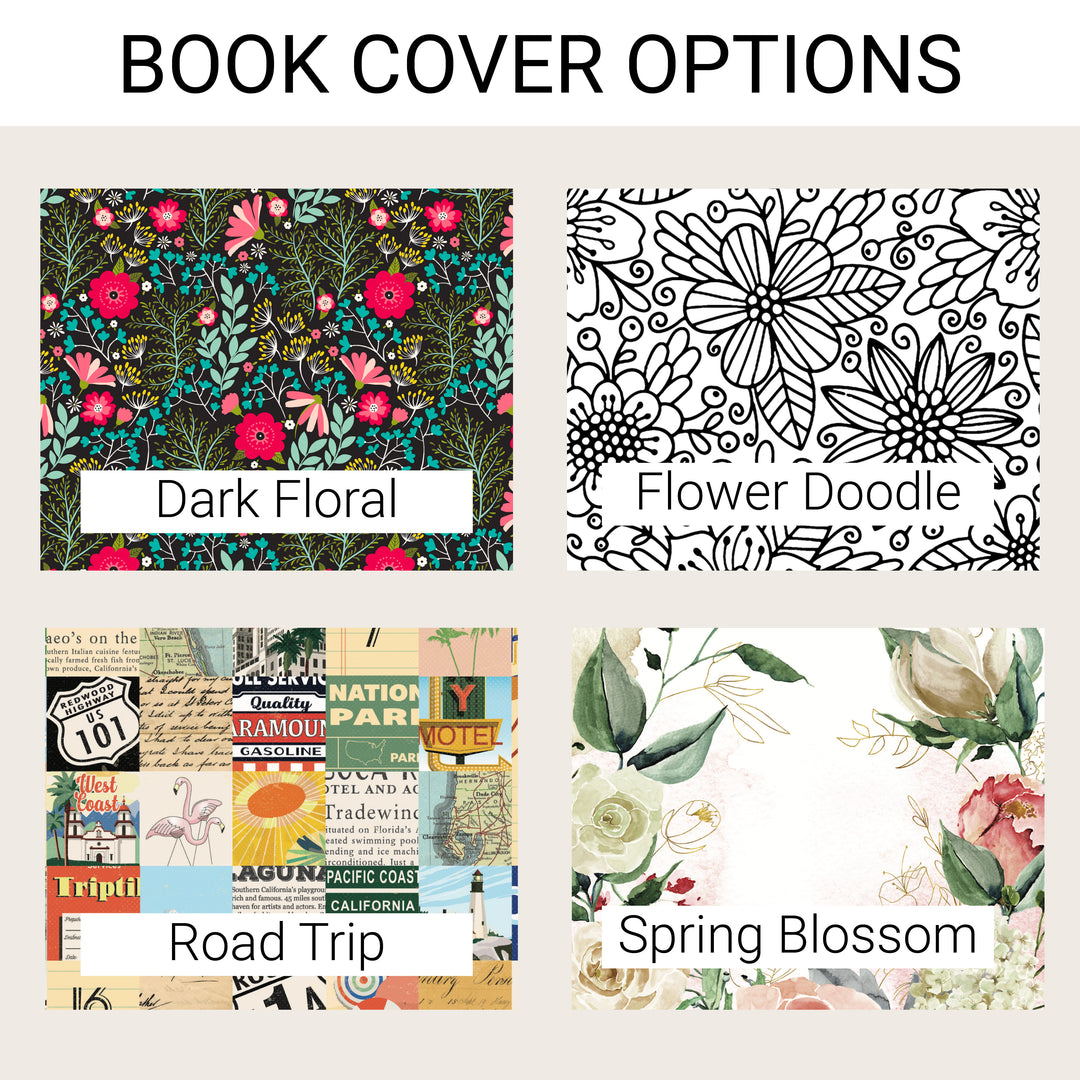 Four password book paper-cover patterns: Dark Floral, black and white Flower Doodle, vintage Road Trip, and watercolor Spring Blossom.