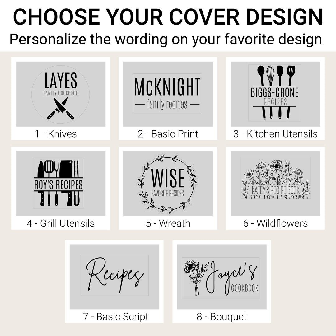 Eight personalized cover designs: Knives, Basic Print, Kitchen Utensils, Grill Utensils, Wreath, Wildflowers, Basic Script and Bouquet.