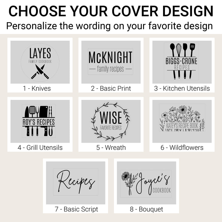 Eight personalized cover designs: Knives, Basic Print, Kitchen Utensils, Grill Utensils, Wreath, Wildflowers, Basic Script and Bouquet.