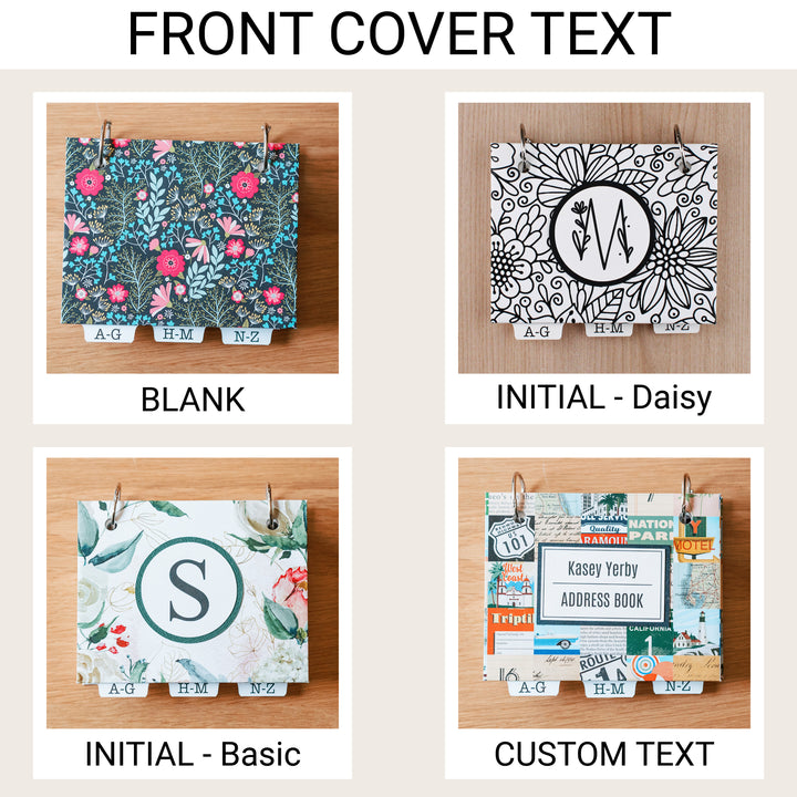 Patterned hardcover address books showing four cover options: blank, Daisy floral initial, Basic initial, and custom two-line text.
