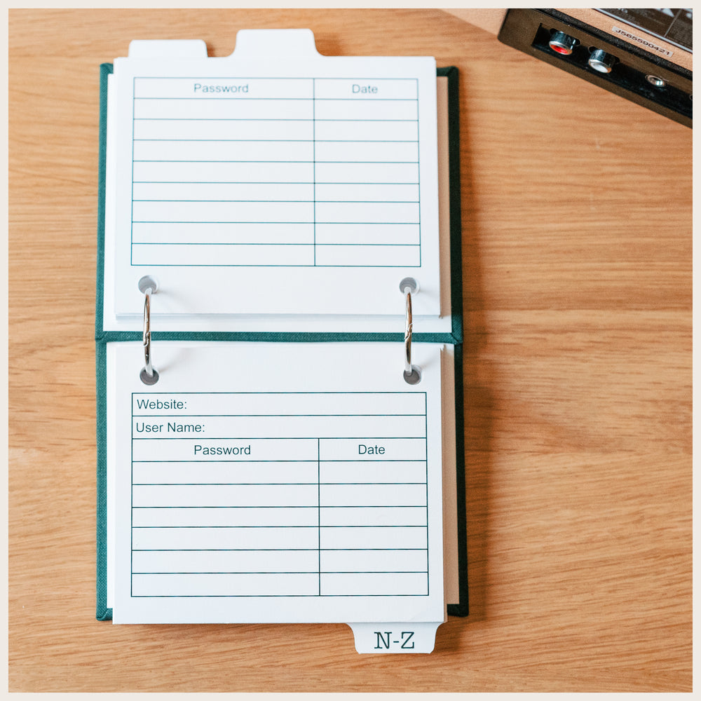 Open internet password book showing website and username fields, with lines for passwords and dates on the front and back of each card.