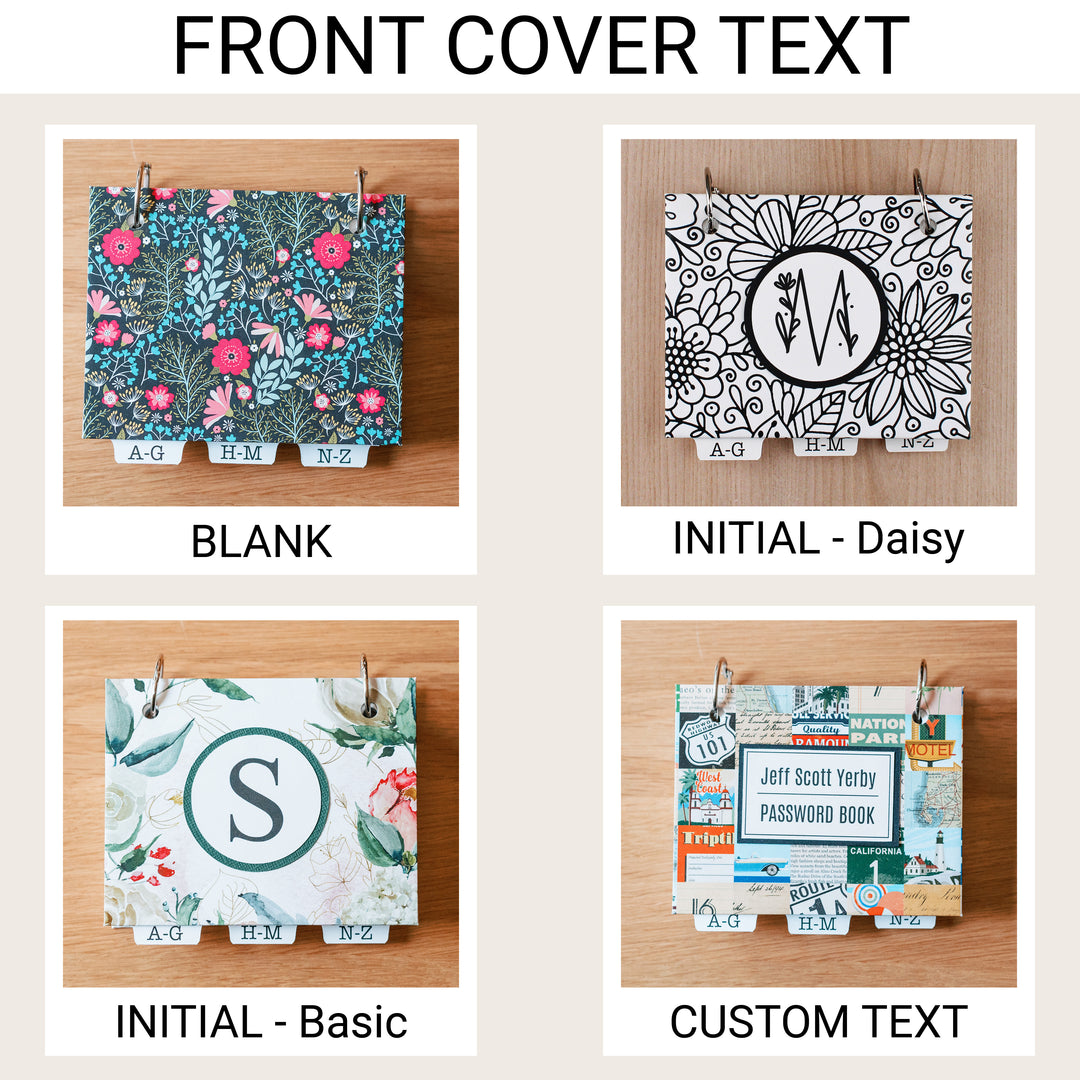 Paper password book cover options showing a blank cover, Daisy floral W initial, Basic S initial, and custom two-line text.
