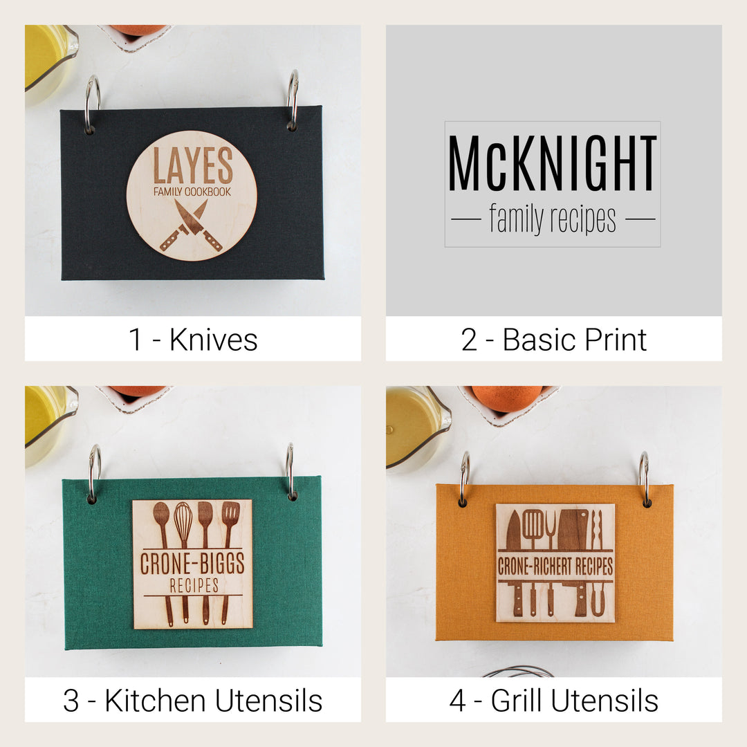 Cover designs 1–4: Knives, Basic Print, Kitchen Utensils and Grill Utensils, with three finished book cloth binder examples.