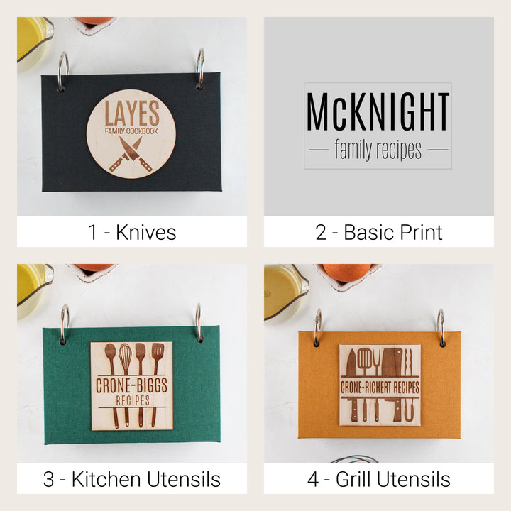 Cover designs 1–4: Knives, Basic Print, Kitchen Utensils and Grill Utensils, with three finished book cloth binder examples.