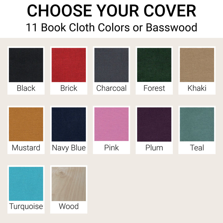 Recipe binder cover choices showing eleven labeled book cloth color swatches and a Baltic birch wood option.
