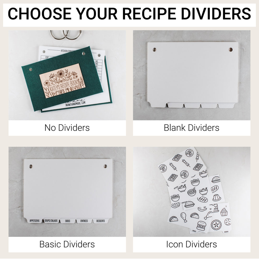 Recipe divider choices: no dividers, blank dividers, basic recipe category dividers or illustrated icon dividers