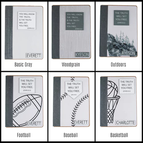 Front cover variations with a more masculine look: basic gray, woodgrain, outdoors, football, baseball, basketball.